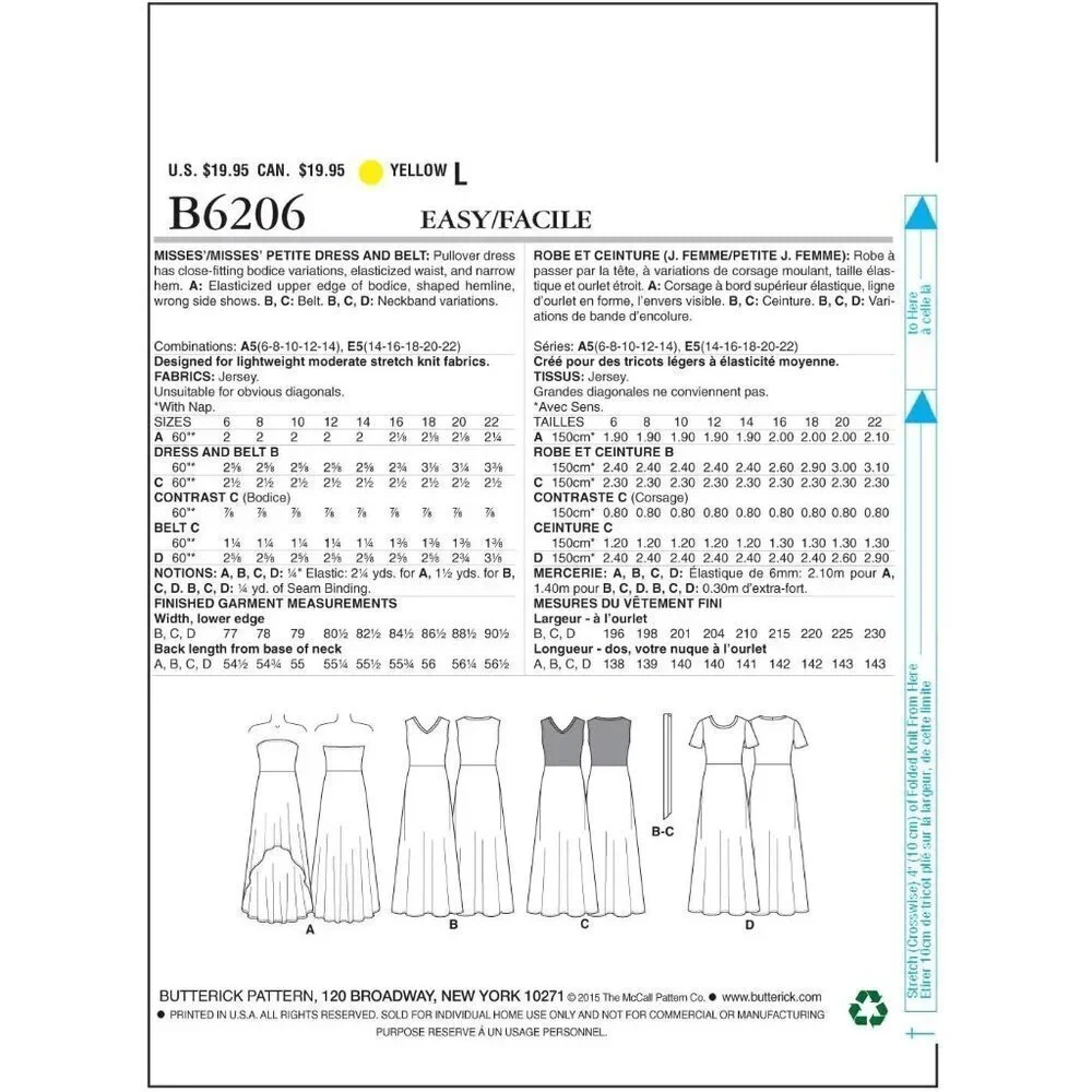 Butterick Sewing Pattern 6206 Misses Petite‎ Dress Belt Size 14-22